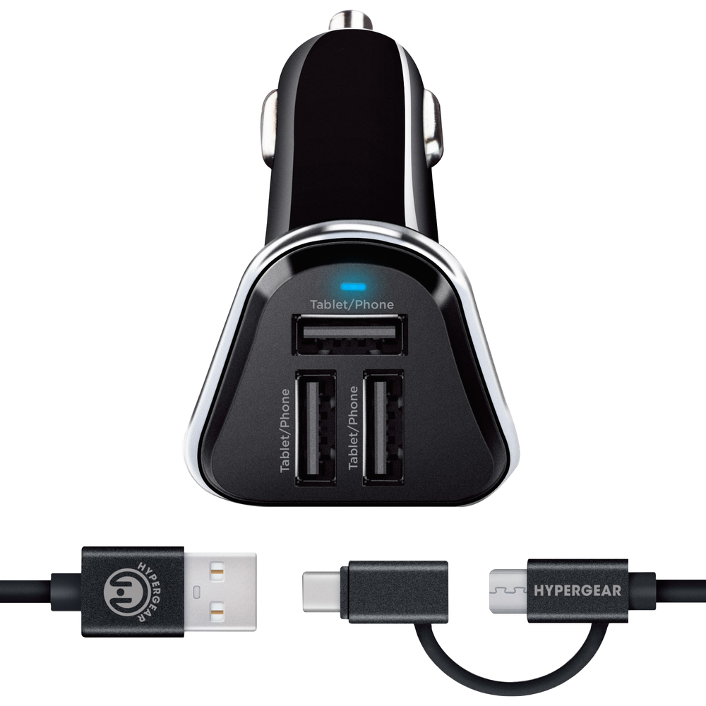 Car Charger with 2-in-1 Cable USB-A to USB-C/Micro USB Black, PACKAGE 3-Port