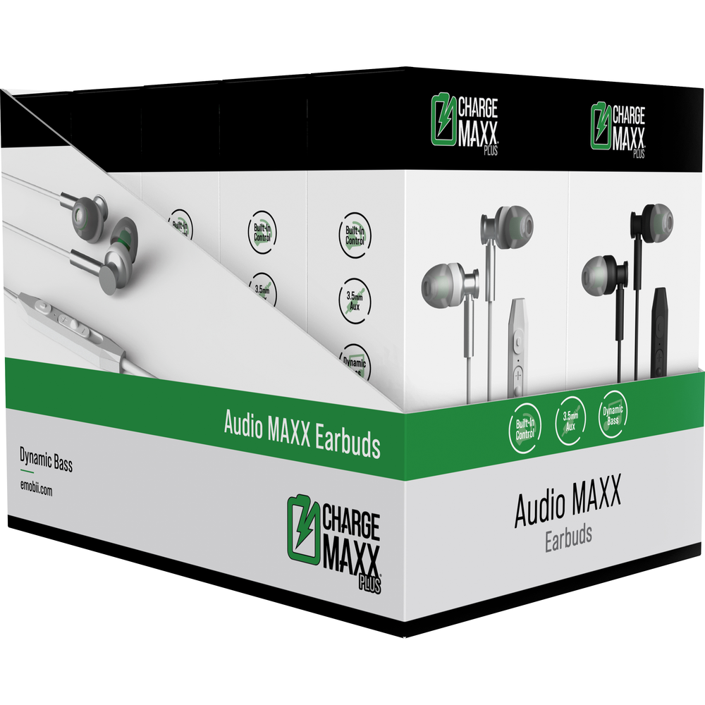 Charge MAXX PLUS Audio MAXX Earbuds with Mic  Black/White, PACKAGE 10Ct