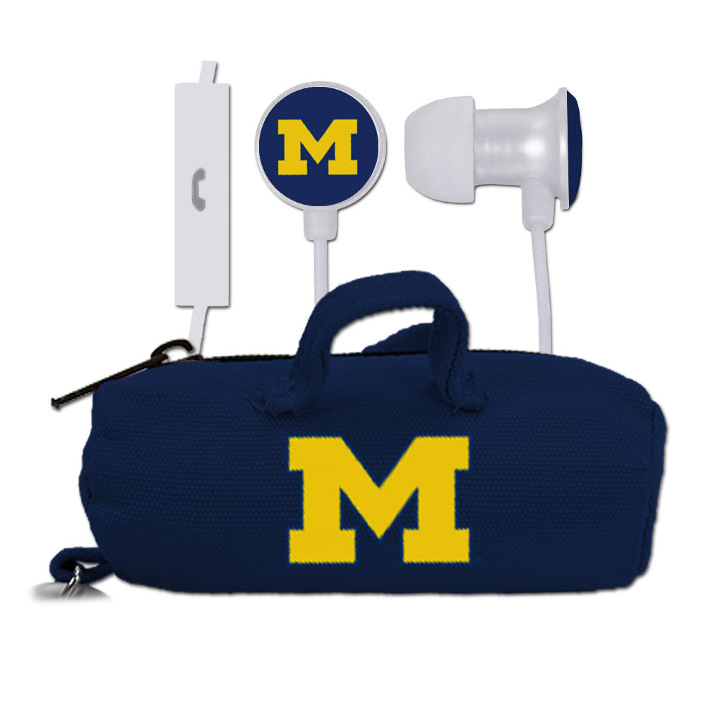 Custom Logo Scorch Earbuds with Mic and BudBag University of Michigan Dark Blue
