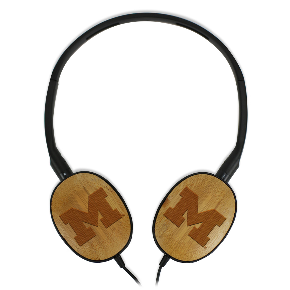 Custom Logo Bamboo On-Ear Headphones University of Michigan Woodgrain